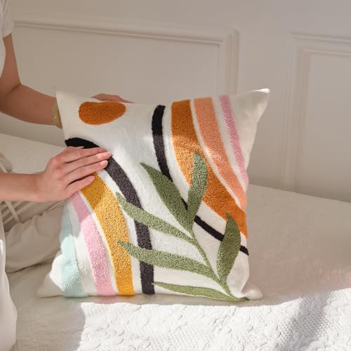 Bohu Farmhouse Colorful Rainbow Throw Pillow Covers 18x18, Textured Mid Century Tufted Abstract Pillowcase for Couch Sofa Bedroom Living Room,1PC - color: Black,yellow,green