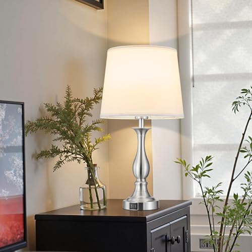 Bedside Table Lamp Touch Control Bedroom Lamps with USB A + C Charging Port 3 Way Dimmable Touch Lamps for Nightstand Living Room Bedroom Dorm Home Office Reading, Set of 2 (White Shade & Nickel Base) - color: White Shade & Nickel Base