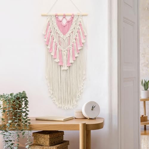 LB Pink Macrame Wall Hanging, Handmade Woven Tapestry Wall Hanging Modern Pink and Beige Wall Decor for Living Room Bohemian Macrame Wall Art for Office Apartment Bedroom Backdrop,15.7" W x 30.7" L - color: Beige
