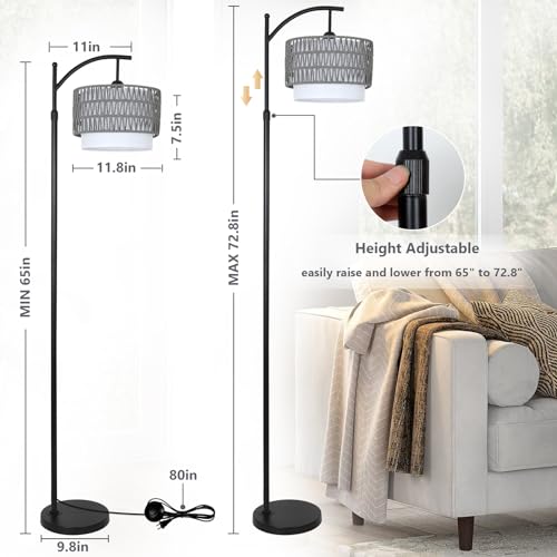 eyassi Floor Lamps for Living Room, Arc Standing Lamp with Remote & Dimmable Bulb, Boho Rattan Floor Lamp for Bedroom with 3 Color Temperatures, Farmhouse Tall Lamp, Height Adjustable Stand up Lamp - style: Rustic-Grey