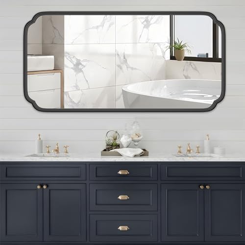 Ferytange 48 x 24 Inch Black Bathroom Vanity Mirror for Wall with Metal Frame Modern Rectangle Rounded Corner Wall Decor Mirror for Big Bathroom Over Sink (Horizontal/Vertical) - color: Black, size: 48"L x 24"W