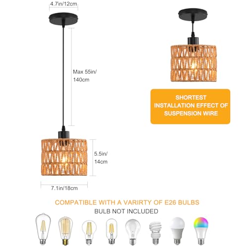 Woven Pendant Light Boho Chandelier, Rattan Pendant Lights Kitchen Island, Farmhouse Pendant Lighting with Hand Woven Wicker Shade, Boho Chandelier Light Fixtures Ceiling Hanging Light - color: 3 Pack Brown