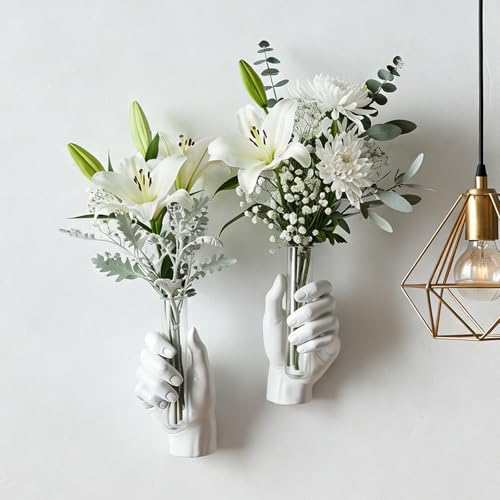 2Pcs Wall Hand Vase,Vintage Art Decor,Life-Size Hand Sculpture with Glass Test Tube Vase,Unique Wall Art Statue for Indoor or Outdoor,Maximalist Boho Whimsical Decor,for Women (2, White) - color: White