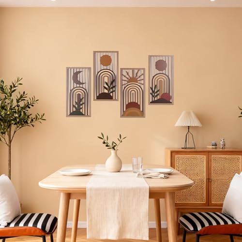 Boho Wall Art Set of 4, Terracotta Wall Decor & Burnt Orange Bedroom Decor, Orange Modern Wall Art with Arch/Botanical Design - Mid-Century 3D Wooden Abstract Geometric Artwork for Home Living Room Office(C) - color: C