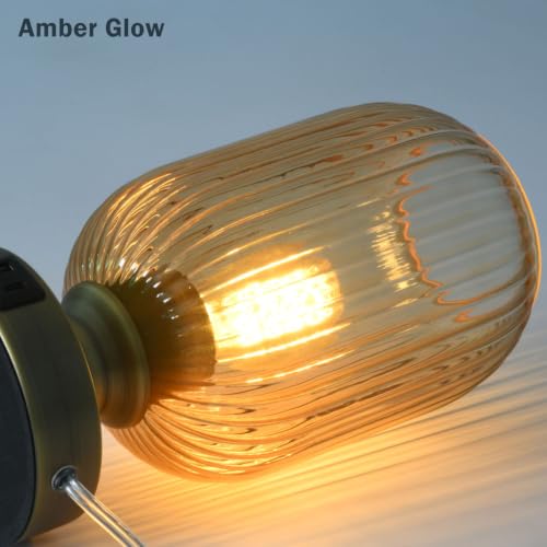 Mid Century Glass Table Lamp,Dimmable Desk Lamp,LED Bulb Included,Touch Control & USB A+C Port,Cognac Amber Ribbed Glass - color: Amber Ribbed, size: USB + Touch