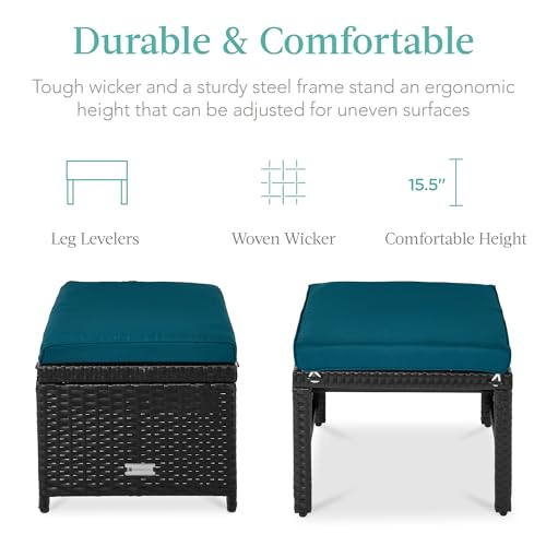 Best Choice Products Set of 2 Wicker Ottomans, Multipurpose Outdoor Furniture for Patio, Backyard, Additional Seating, Footrest, Side Table w/Removable Cushions, Steel Frame - Peacock Blue/Black - color: Peacock Blue/Black