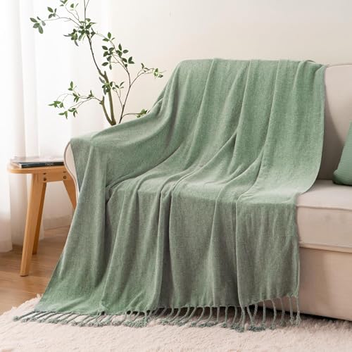 BATTILO HOME Sage Green Chenille Throw Blanket for Couch, Soft Cozy Textured Knit Throw Blanket with Handmade Fringe Tassels, Lightweight Decorative Farmhouse Blanket for Sofa Bed Chair, 50"x60" - color: Sage Green