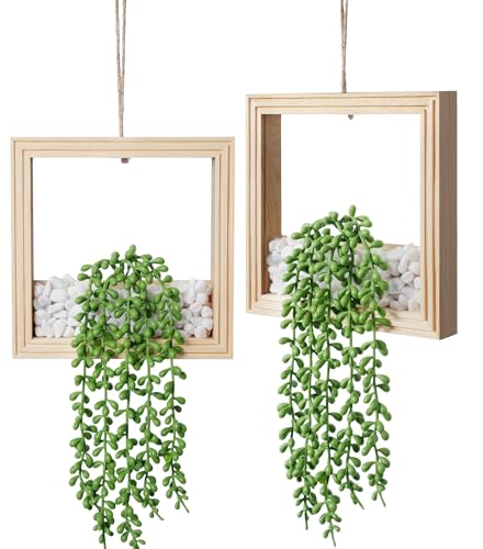 2 Pack Fake Plants Hanging, Artificial Succulents Plants in Square Wooden Frame with Glow Accents, Boho Wall Decor for Office Living Room Bathroom Bedroom Kitchen Indoor Outdoor, Natural Wood - color: Natural Wood