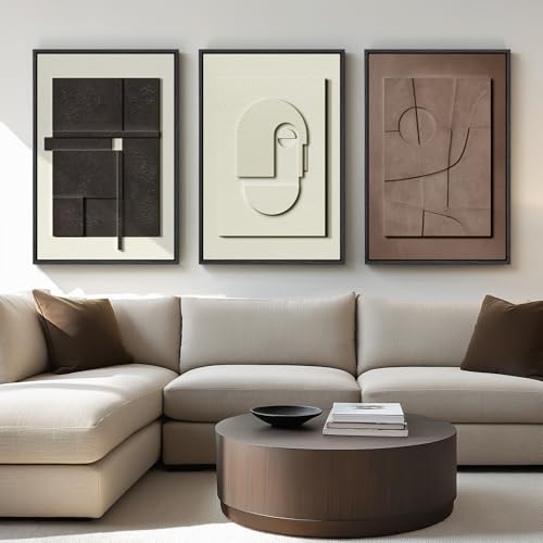 Framed Abstract 3D Textured Wall Art for Living Room, 3 Piece Modern Neutral Artwork for Walls, Brown White Geometric Sandstone Textured Painting for Bedroom, Home Office Decor-Total Size 30x60 Inch - color: Black White Brown, size: 20"w X 30"h X 3pcs
