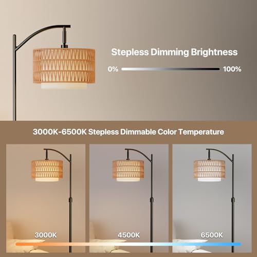 Boho Floor Lamp - Arched Floor Lamps for Living Room, Farmhouse Floor Lamp with 3 Color Temperature Black Standing Lamp with Rattan & Fabric Double Shade Bohemian Rattan Floor Lamps for Bedroom Office - size: Upright-Lantern Shade