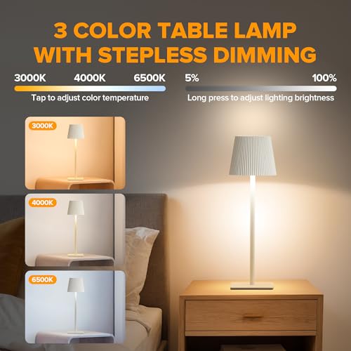 LUTEC 4 Pack Cordless Table Lamp,6000mAh Rechargeable Battery Operated Desk Lamp,Two Adjustable Heights,Waterproof, Touch Control & 3 Color Stepless Dimming for Restaurant/Bedroom/Bars/Outdoor (White) - color: White