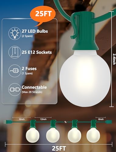 SUNSGNE 25Ft Globe Christmas Lights Outdoor, G40 LED Round Christmas Lights with 27 LED Frosted White Bulbs(2 Spare) for Yard Patio Garden Balcony Bistro Decor, Green Wire - color: Frosted White-Green, size: 25FT