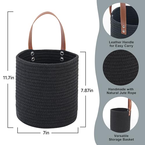 MEGASKET 2 Pack Hanging Basket, Small Wall Baskets for Organizing, Wicker Boho Wall Decor Set, Indoor Hanging Plant Holder, Rattan Woven Storage Bin for Home Decor, Farmhouse Storage Box, Black - color: Black