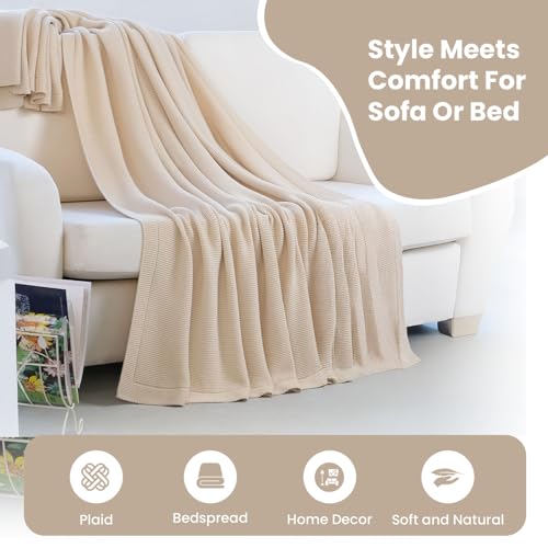Dalisa 100% Organic Turkish Cotton Throw Blanket - GOTS Certified, Cozy - Perfect for Couch, Bed, and Home Decor - Boho Vintage Knit Alina (Beige, 60x80) - color: Beige, size: 60x80