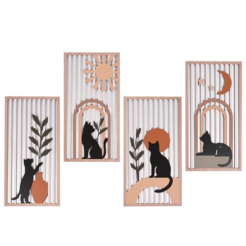 suruim Black Cat Wall Art Set of 4, Cat Wall Decor & Black Cat Decor, Mid-Century 3D Wooden Cat Art Wall Decor for Bedroom Living Room Office Boho Home Decor - color: A