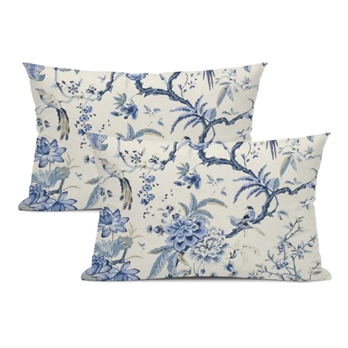 Chinoiserie Lumbar Pillow Covers 12 x 20 Set of 2 Birds Floral Linen Throw Pillow Cover Vintage White and Blue Farmhouse Decorative Pillowcases for Living Room Couch Bed Sofa Outdoor - color: Chinoiserie Bird, size: 20" x 12" (Pack of 2)