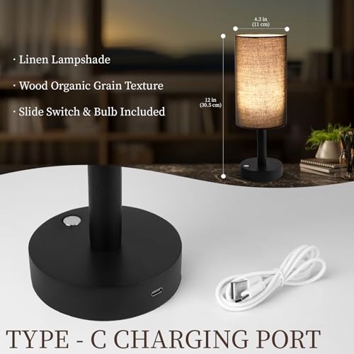 LALISU Small Table Lamp Nightstand Lamp Linen Lampshade Bedroom Wood Base Small Bedside Lamp for Night Stands, Desk Lamps for Reading Living Room, Office (LED Bulb Included) (Black and Cordless) - color: Black and Cordless