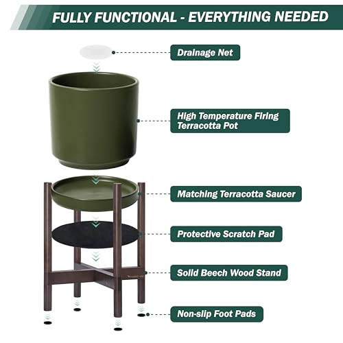 D'vine Dev Ceramic Planter with Walnut Color Stand - 8 Inch Modern Round Flower Pot with Wood Planter Holder, Olive, 55-B-Y-J - color: Olive Pot + Walnut Color Stand, size: 8 Inch