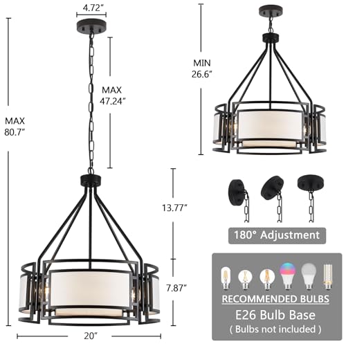 20'' Black Drum Chandeliers, 5Lights Black and White Drum Chandelier Modern Industrial Pendant Light Fixture, Adjustable Fabric Chandelier for Dining Room Kitchen Island Living Room Foyer E26 - color: 20InchBlack
