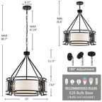 20'' Black Drum Chandeliers, 5Lights Black and White Drum Chandelier Modern Industrial Pendant Light Fixture, Adjustable Fabric Chandelier for Dining Room Kitchen Island Living Room Foyer E26 - color: 20InchBlack