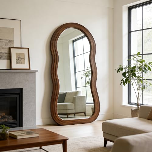 Wavy Full Length Mirror, 71"x33.5" Oversized Organic Floor Mirrors with Triple-Layer Solid Wood Frame, Irregular Full Body Mirror for Entryway Hallway Living Room Cloakroom, Leaning/Hanging - color: Walnut Wavy Frame, size: 71"L x 33.5"W