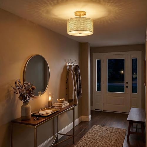 13" Boho Rattan-Style Semi Flush Mount Ceiling Light Fixture, 3-Light Modern Fabric Shade Drum Lamp, White Rustic Lighting for Bedroom, Kitchen, Dining Room, Living Room, Hallway, Entryway - color: White