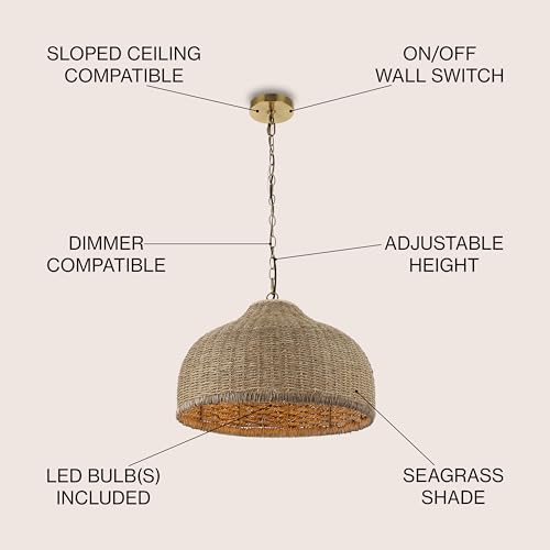 JONATHAN Y 20" Brown/Brass Gold 1-Light Rattan and Iron Dome Pendant Light, Adjustable Height Coastal Bohemian Hanging Lamp for Kitchen Island, LED Bulb Included JYL1133A