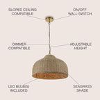 JONATHAN Y 20" Brown/Brass Gold 1-Light Rattan and Iron Dome Pendant Light, Adjustable Height Coastal Bohemian Hanging Lamp for Kitchen Island, LED Bulb Included JYL1133A
