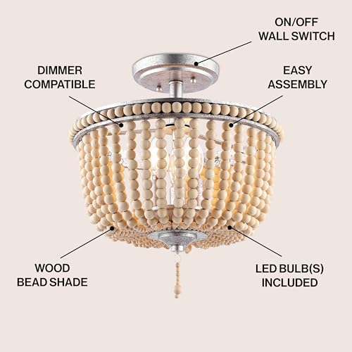 JONATHAN Y 14" Antique Silver/Light Taupe Wood Beaded LED Semi Flush Mount Light, Boho Farmhouse 3-Light Ceiling Chandelier with Cream Wood Bead Shade for Nursery, Bedroom (JYL9020B) - color: Antique Silver/Light Taupe