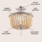 JONATHAN Y 14" Antique Silver/Light Taupe Wood Beaded LED Semi Flush Mount Light, Boho Farmhouse 3-Light Ceiling Chandelier with Cream Wood Bead Shade for Nursery, Bedroom (JYL9020B) - color: Antique Silver/Light Taupe