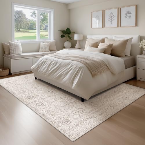 FMFUNCTEX 5x7 Washable Area Rug Neutral Vintage Beige Distressed Non Slip Low Pile Traditional Indoor Carpet for Living Room Bedroom Soft Retro Mat Throw Rug for Dining Office Kitchen Dorm Entryway - color: Beige, size: 5' x 7' (Rectangular)