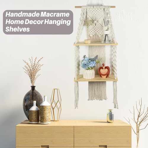 JONKASIPA Macrame Wall Hanging Shelf 2 Tier Boho Wall Plant Hanger Shelves Handmade of Woven Rope Artistic Wall Decorations for Apartments, Dormitories, Living Rooms, Bedrooms, Backdrops - color: 2 Tier - Beige