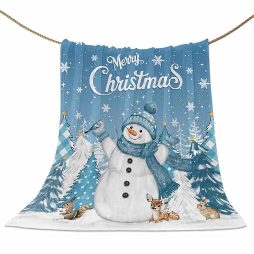 Christmas Throw Blankets, Blue Snowman Soft Fleece Blanket Decorative for Home Sofa Couch Chair Living Bedroom Dorm,40x50 Inches, Merry Christmas Tree Squirrel Deer - color: Christmas-blue Snowman, size: 40x50 Inch