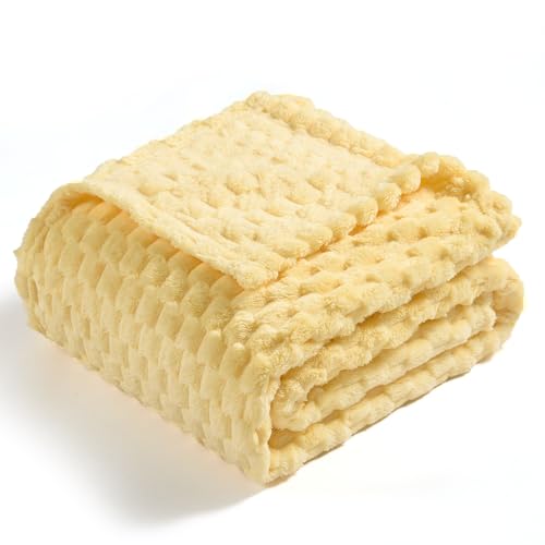 Vessia Flannel Fleece Queen Size Bed Blanket(90x90 inch), 3D Jacquard Light Yellow Fuzzy and Warm Blanket for Adults, 300GSM Super Soft Touch Cozy Lightweight Bed Decor for All-Season - color: Light Yellow-3d, size: 90x90 inch