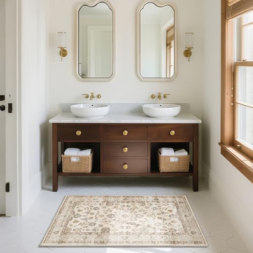 Machine Washable Small Rugs for Kitchen: Door Mat Indoor Entrance 2x3 Entryway Rug Stain Resistant Non-Slip Low Pile Soft Throw Carpet for Front Door Indoor Entrance Entry Bedroom Nursey - color: Beige White, size: 2' x 3' (Rectangular)