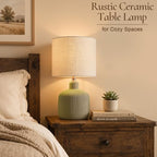 Ceramic Table Lamp, Oliver Green, 17.75" | Beige Linen Shade, Warm Ambient Lighting, Bedside Nightstand, Natural - color: Green