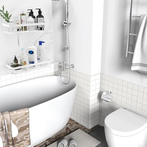Moforoco Shower Caddy Shelf Organizer Rack, Self Adhesive Black Bathroom Shelves Basket, Home Farmhouse Wall Inside Organization and Storage Decor Rv Accessories, First Camper Apartment Essentials - color: White, size: Medium