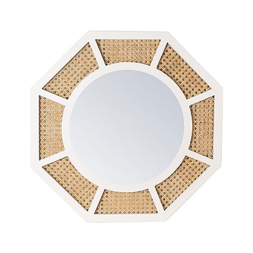 24" Large Rattan Wall Mirror Decoraive Boho Wall Decor Large Rattans Mirror Natural Woven Rattan Mirrors for Farmhouse,Living Room,Bedroom,Bathroom,White Frame