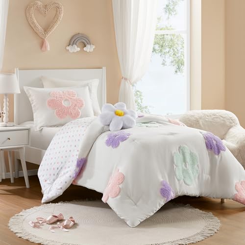 Intelligent Design Kids Twin Comforter Set for Girls, Tufted Chenille Floral Comforter Set Twin, Lightweight Polka Dot Comforter Reversible Bed Set, Sham, Pillow, Gracie, Twin White/Purple 3 Piece - color: White/Purple, size: Twin Comforter