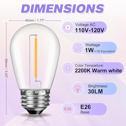 GvvooHome 24 Pack Shatterproof S14 LED Replacement Bulbs for Outdoor String Lights, 1W Equivalent to 11W Incandescent Bulb, Soft White 2200K, Dimmable, E26 Regular Medium Screw Base - size: 24 Count
