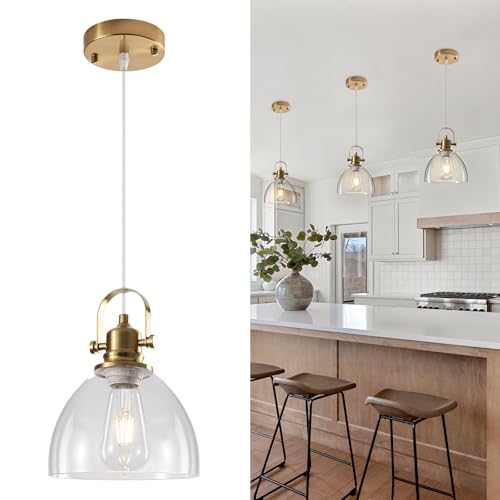 Glass Pendant Lights Kitchen Island, 7.5 inch Gold Glass Pendant Lights 1-Pack, Modern Pendant Light with Clear Glass Shade, Farmhouse Kitchen Pendant Light for Dining Rooms, Kitchen Island - color: Clear Glass-Gold+Cord, size: 1-Pack