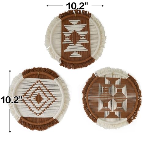Flber Macrame Wall Hanging Boho Decor Set of 3 – Handmade Round Geometric Woven Cotton Rope Art for Living Room, Bedroom, Entryway or Bohemian Wall Display - color: Brown and Ivory