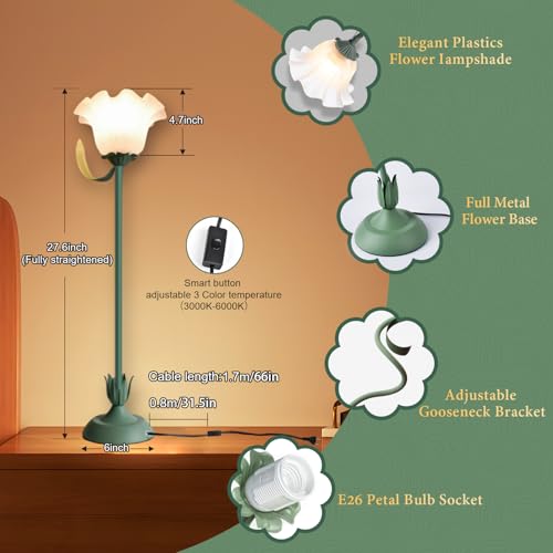 FVTLED Cute Flower Table Lamp, Bedside Vintage Flower Lamp with LED Bulb, 3 Colors Temperature Flower Lamp for Bedroom Living Room Bedside Desk Reading Lighting Table Lamps Home Decoration（Green） - color: Multicolor
