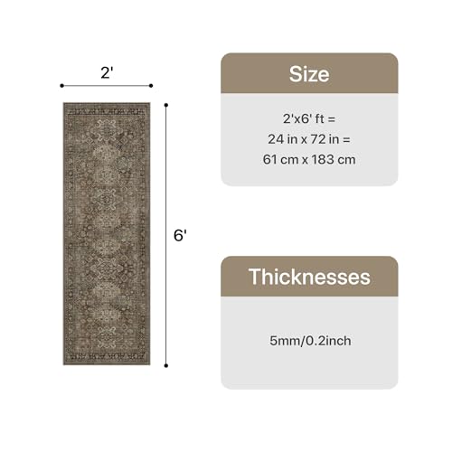 Bavni Washable Runner Rug 2x6, Non Slip Hallway Rug, Vintage Aesthetic Thin Low Pile Washable Carpet for Kitchen Bedroom Entryway, Brown - color: Brown, size: 2' x 6' (Rectangular)