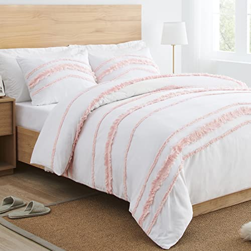 Bohemian Boho Chic White and Pink Macrame Tufted Tassel 2 pc. Twin / Twin XL Size Bed Bedding Set Duvet Comforter Cover / Sham Blush Pink Textured Minimalist Cotton Fringe Farmhouse Indie Dorm Teen - color: Blush Pink, size: Twin