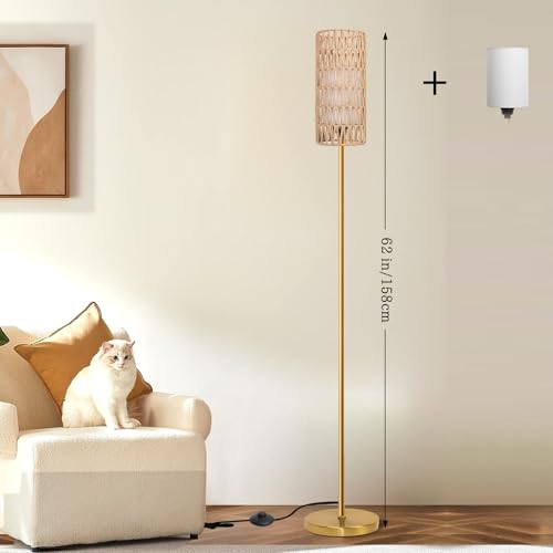 Ruiever Floor Lamp for Living Room,Farmhouse Floor lamp,Modern Standing lamp with Hand-Worked Rattan Shade (Round Rattan Shade Gold Color-3 Color Bulb) - style: Round Rattan Shade Gold Color-3 Color Bulb