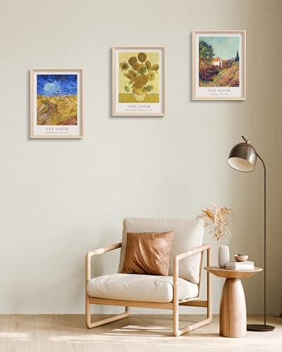 HesenDot Van Gogh Framed Wall Art Set of 3, 12x16 Inch Canvas Prints, Wheatfield, Sunflowers, Landscape Paintings, Vintage Artwork Posters Home Decoration for Living Room Bedroom Gallery Office - color: Framed Van Gogh Landscape Set, size: 16"L x 12"W