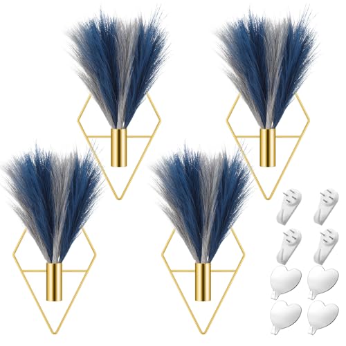 Hanaive 4 Sets Boho Gold Wall Decor Metal Wall Art Hanging Planters with Artificial Pampas Display Art Modern Home Metal Vase for Bedroom Living Room Home Office(Gold, Blue, Light Gray) - color: Blue,light Gray, style: Soft
