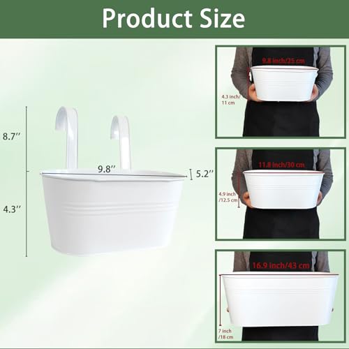 10" Hanging Flower Pots, Pack of 2 White Metal Outdoor Patio Balcony Planter, Railing Planters Fence Pot with Detachable Hook & Drainage Hole for Small Plants (White, 2Pcs) - color: White