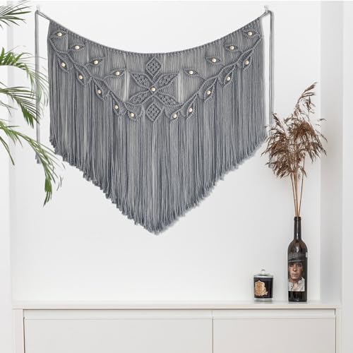 Youngeast Macrame Wall Hanging Large Macrame Curtains Leaf Shape Beads Wall Decor Boho Tassel Wall Art Woven Tapestry Headboard Backdrop Gray - color: Gray